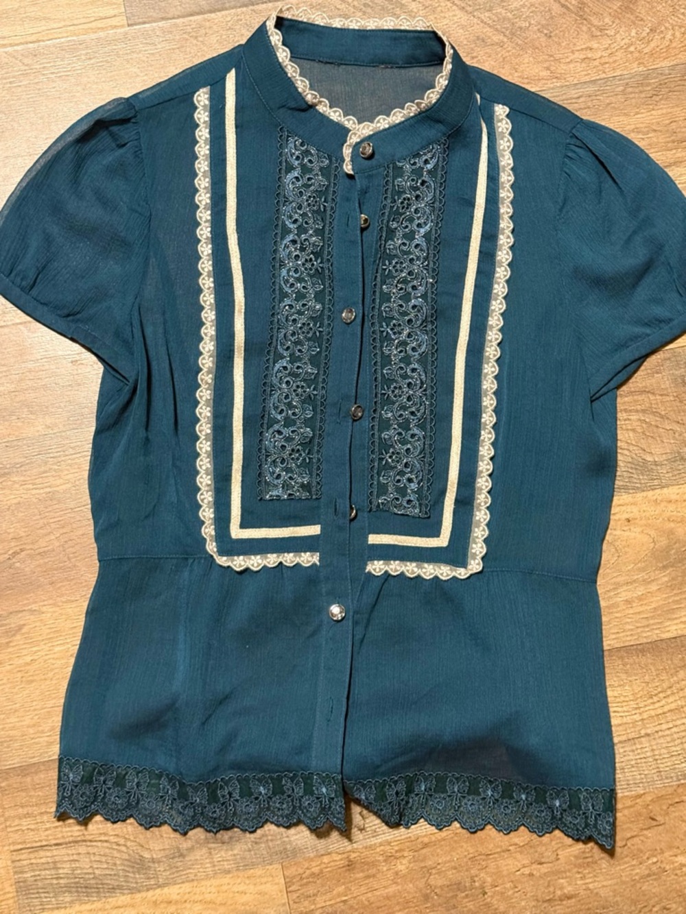 Victorian Teal Lace Bib Front Blouse •Size S• Sheer Chiffon Rhinestone Buttons - Picture 7 of 16